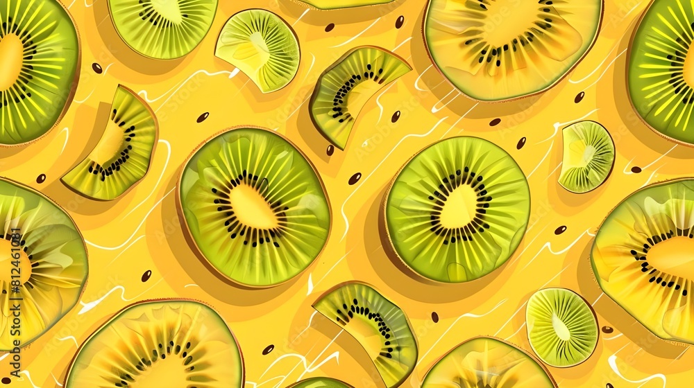 Fototapeta premium Vibrant Kiwi Slices on Yellow Background: Seamless Pattern Illustration