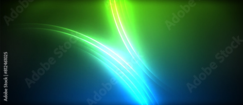 The visual effect lighting created a stunning display of a green, blue, and yellow light beam on a black background, resembling a neon astronomical object in the sky