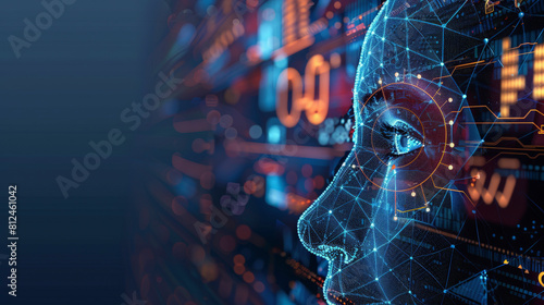 Digital representation of a human head profile with overlayed circuitry and data elements, symbolizing artificial intelligence and advanced computing technology against a dark background.