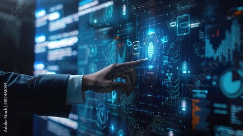 Artificial Intelligence Concept with a Businessman touching a virtual screen displaying an AI icon futuristic hologram technology  with business data and big data 