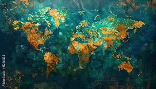Fototapeta Naklejka Na Ścianę i Meble -  An artistic image of a world map with livershaped icons marking hepatitis research centers