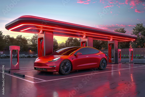 An electric car on a charging station at sunset. As the day turns into dusk, an electric car connects to the charging station, ready for the night ahead. © Stavros