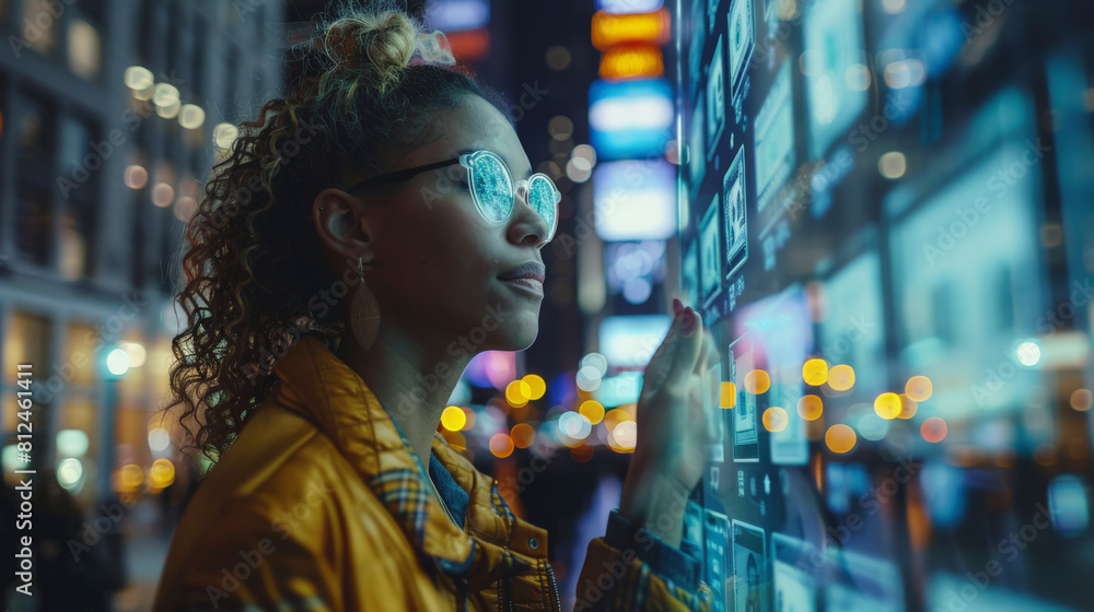A woman in a yellow jacket interacts with a futuristic touchscreen display in an urban nighttime setting, reflecting innovation and modern technology interaction. A woman in a yellow jacket interacts with a futuristic touchscreen display in an urban nighttime setting, reflecting innovation and modern technology interaction.
