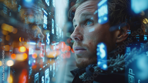 Wallpaper Mural A person intently observing a futuristic interface with glowing digital graphics overlaying a windowpane, reflecting a high-tech environment immersed in data visualization. Torontodigital.ca