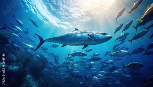 Fototapeta Naklejka Na Ścianę i Meble -  Groups of giant Tuna fish in the underwater, coral reef, amazing underwater life, various fish and exotic coral reefs, ocean wild creatures background
