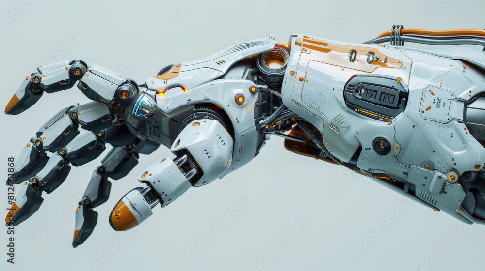 A highly detailed rendering of a futuristic robotic hand with intricate joints and a sleek design, showcasing advanced technology in artificial prosthetics or robotics. A highly detailed rendering of a futuristic robotic hand with intricate joints and a sleek design, showcasing advanced technology in artificial prosthetics or robotics.