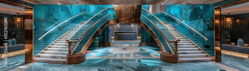 Ascend atriums grand staircase with velvet walls and verdigris details photo