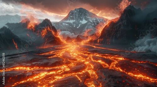 A fiery landscape with a volcano in the background. The lava is flowing down the side of the mountain, creating a dangerous and beautiful scene