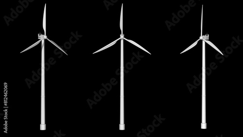 Wind turbines on isolated black background. 3D rendered illustration.