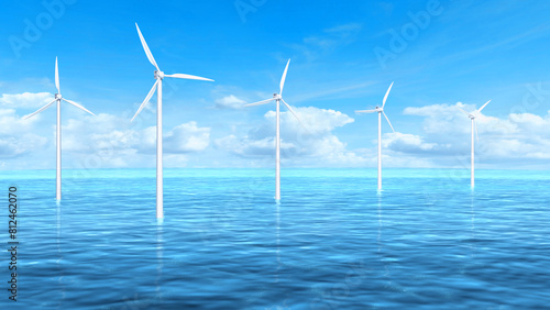 Windmill park in the ocean, drone aerial view of windmill turbines generating green energy electric, windmills isolated at sea. 3D rendered illustration.