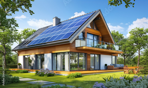 A new house in the suburbs with a photovoltaic system on the roof is an example of a modern approach to construction that combines elegance with ecology.