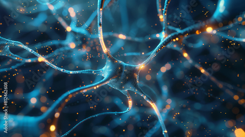 Highly Detailed Neural Network Synapses and Neurons in Blue photo