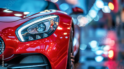 Red sleek sports car with led light on, close up of front of car.