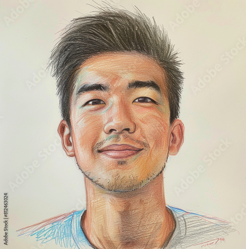 a portrait of an attractive Modern SouthEast Asian man in the style of colored pencil on white paper, age 20, he is well groomed, muscular build, a head and shoulders portrait,smiling with mouth close photo