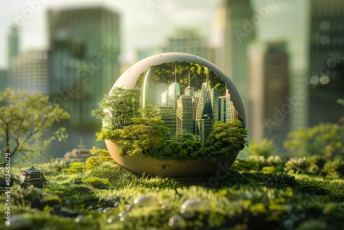 A city is shown in a glass sphere with trees and grass growing on top