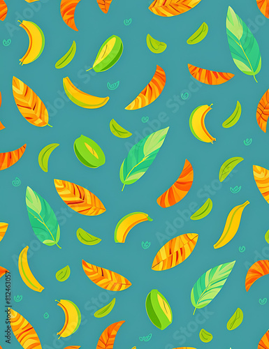 Tropical luxury exotic seamless pattern of blue and orange yellow banana leaves  palm leaves  vintage abstract illustration  hand-drawn style  fabric printing texture design  