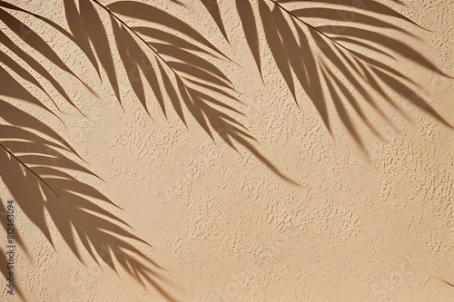  Beautiful texture of beige brown luxury, smooth stucco wall with soft foliage dappled light of tropical tree leaf shadow 