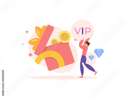 benefits as a VIP or priority member. membership benefits. rewards from royalty programs. a VIP member is happy because he received a gift. produce a surprise or special gift. illustration concept 