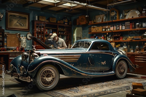 Old vintage car in the garage. Retro car as an exhibit for collectors. The perfect blend of nostalgia and craftsmanship.