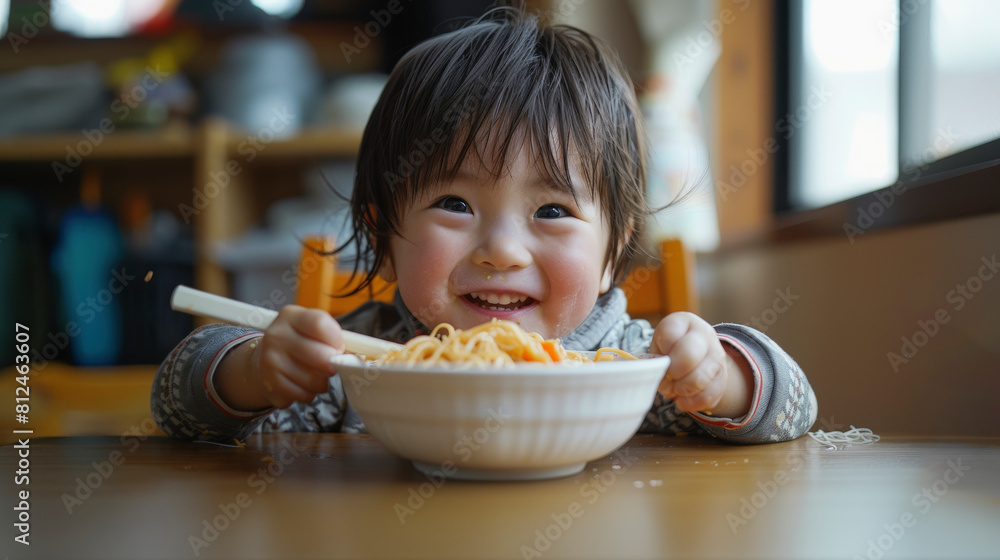 A cheerful toddler with a bowl of noodles, smiling and holding chopsticks, capturing a moment of joy and anticipation during mealtime. A cheerful toddler with a bowl of noodles, smiling and holding chopsticks, capturing a moment of joy and anticipation during mealtime.