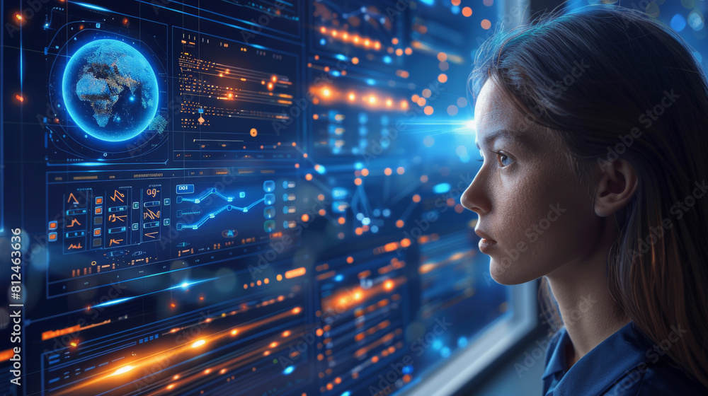 A woman observes complex data visualizations on a futuristic interface, displaying world maps, graphs, and various analytics, suggesting a high-tech surveillance or monitoring scenario. A woman observes complex data visualizations on a futuristic interface, displaying world maps, graphs, and various analytics, suggesting a high-tech surveillance or monitoring scenario.