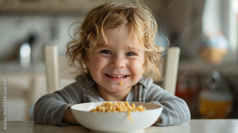 A cheerful young child with curly hair smiling at the camera, sitting at a table with a bowl of food, likely pasta, in front of them. A cheerful young child with curly hair smiling at the camera, sitting at a table with a bowl of food, likely pasta, in front of them.