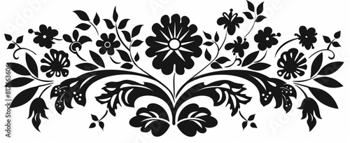 Czech folk art floral ornament vector illustration, simple black on white background, simple flat design, vector graphics, clipart style, no shadows, no gradient