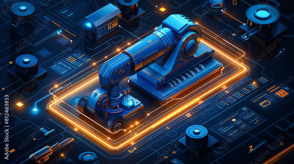 A stylized digital illustration of a futuristic robotic arm amidst an electronic circuit board with glowing orange traces, suggesting high-tech automation or advanced manufacturing.