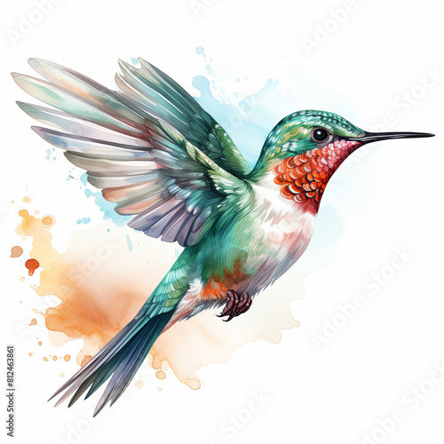 Cute cartoon watercolor depiction of a tiny hummingbird, single object, dicut PNG style, isolated on white background