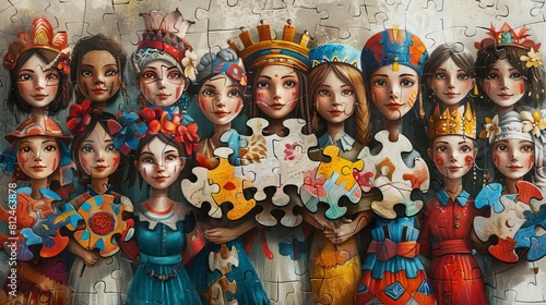 An assembly of young people wearing national costumes, each holding a piece of a puzzle that forms a map of the world when united