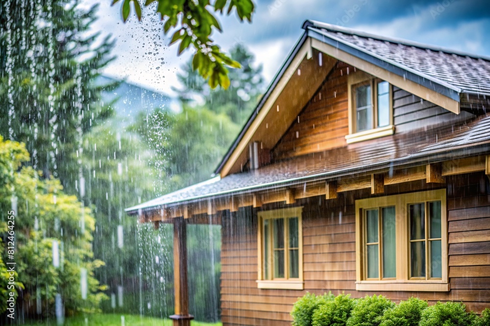 Rain falling on wooden house in the garden rainy day