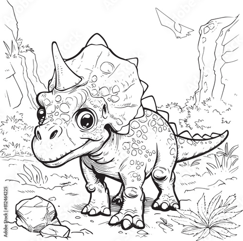 Coloring Pages Cute Tyrannosaurus Dinosaur of meadows, trees, mountains and clouds. Printable Coloring book Outline black and white.