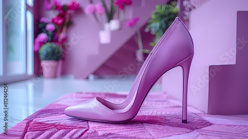 A chic and stylish high heel sandal mockup on a solid purple background, emphasizing its strappy design and elegant silhouette, all photographed in high definition to showcase its glamorous. photo