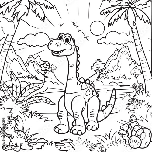 Coloring Pages Cute Tyrannosaurus Dinosaur of meadows  trees  mountains and clouds. Printable Coloring book Outline black and white.