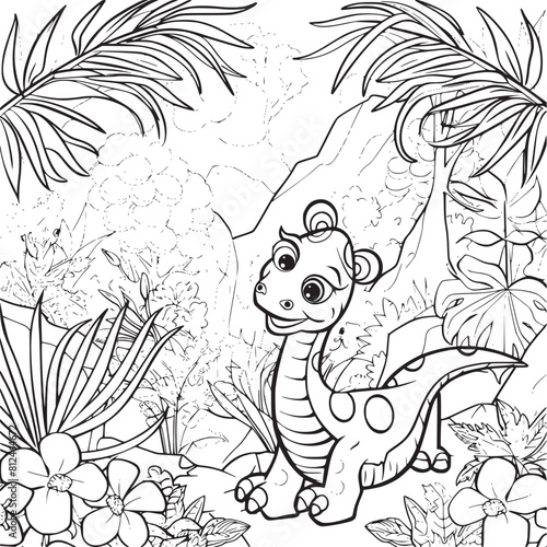 Coloring Pages Cute Tyrannosaurus Dinosaur of meadows  trees  mountains and clouds. Printable Coloring book Outline black and white.
