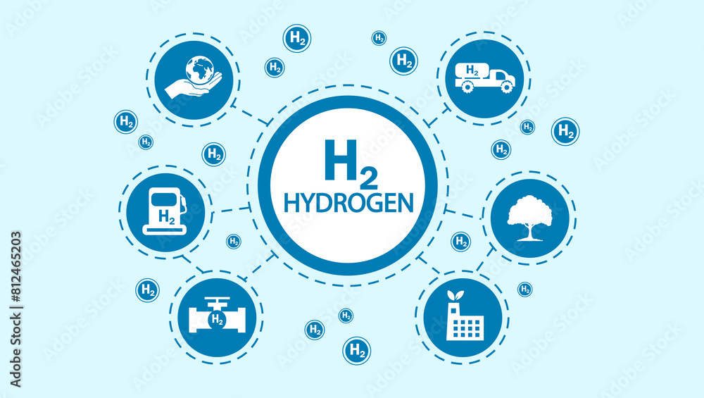 Blue background concept about hydrogen or hydrogen H2 as fuel energy leading to renewable energy in the world. with white icon Blue background concept about hydrogen or hydrogen H2 as fuel energy leading to renewable energy in the world. with white icon