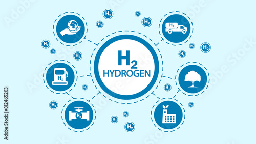 Blue background concept about hydrogen or hydrogen H2 as fuel energy leading to renewable energy in the world. with white icon