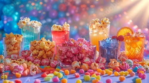 A table with a variety of colorful snacks and drinks, including popcorn, candy