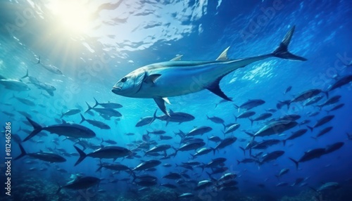 Groups of giant Tuna fish in the underwater, coral reef, amazing underwater life, various fish and exotic coral reefs, ocean wild creatures background