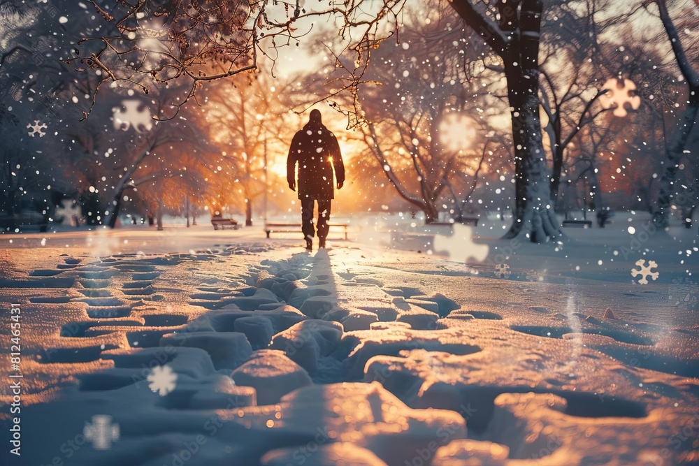 An enchanting winter scene with a businessman walking through a snowcovered park, footprints leaving impressions of gears and puzzle pieces An enchanting winter scene with a businessman walking through a snowcovered park, footprints leaving impressions of gears and puzzle pieces