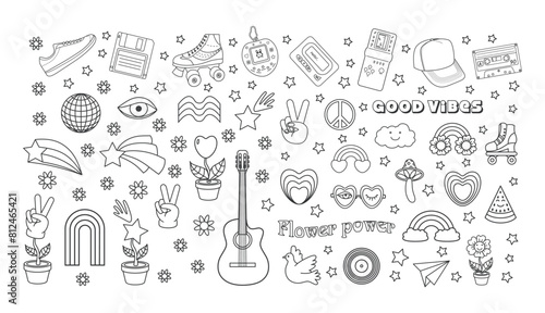 Groovy hippie 70s, classic y2k, 90s and 2000s aesthetic. Outline style set of vintage elements. Hand-drawn vector illustration.