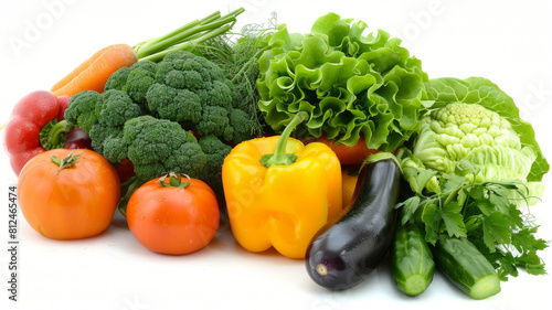 A variety of vegetables and fruits are displayed on a white background
