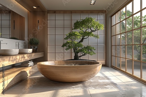Zen-inspired bathroom with wooden accents, large soaking tub, and centered bonsai tree.