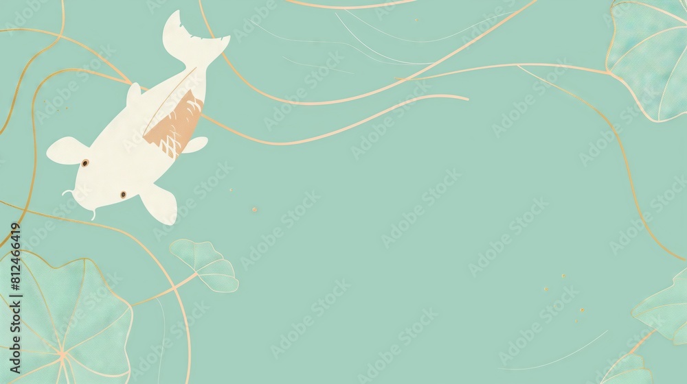 A white koi fish with a light teal background featuring gold lines and leaves, website background, design template, empty space A white koi fish with a light teal background featuring gold lines and leaves, website background, design template, empty space
