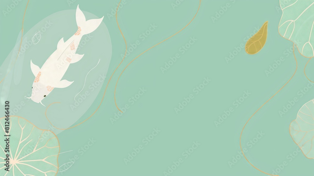 A white koi fish with a light teal background featuring gold lines and leaves, website background, design template, empty space A white koi fish with a light teal background featuring gold lines and leaves, website background, design template, empty space