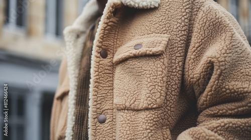 Close up of a beige jacket on a man