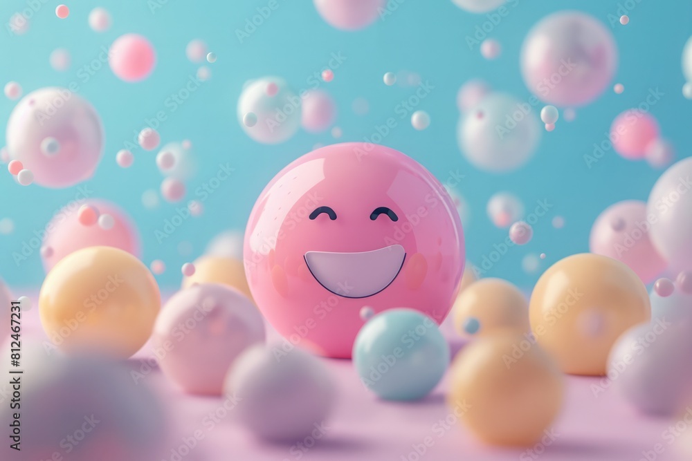 A pink ball with a smiley face is surrounded by many other colorful balls A pink ball with a smiley face is surrounded by many other colorful balls