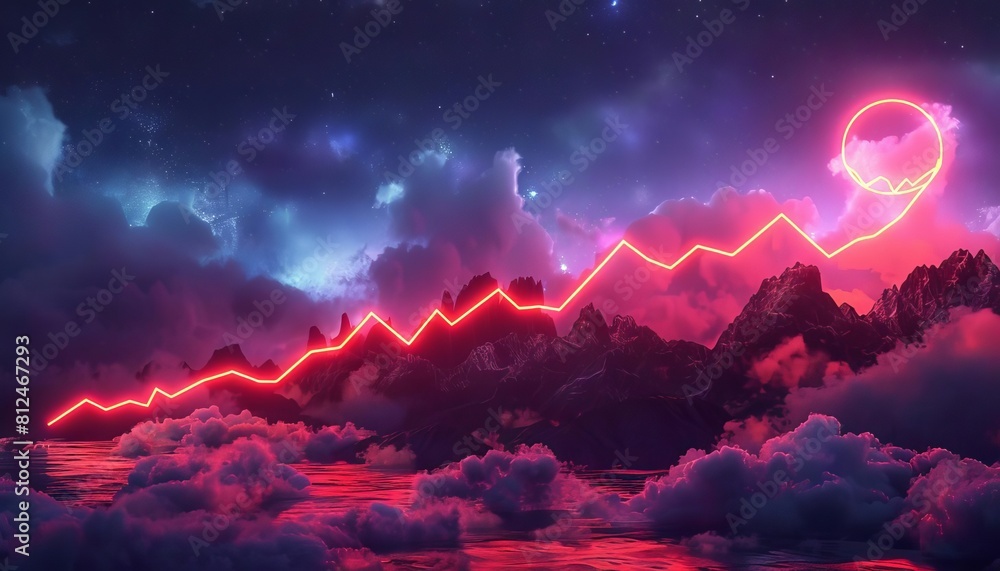 Naklejka premium An eyecatching graphic of a neon sign in the shape of a population growth curve, set against a night sky