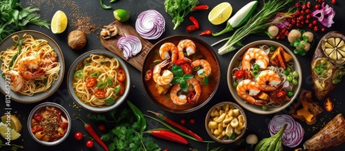 various types of food served with copy space view photo