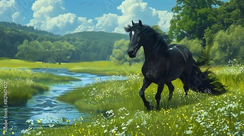  Regal black horse prancing gracefully in a vibrant green meadow with a serene blue waterway meandering nearby.  